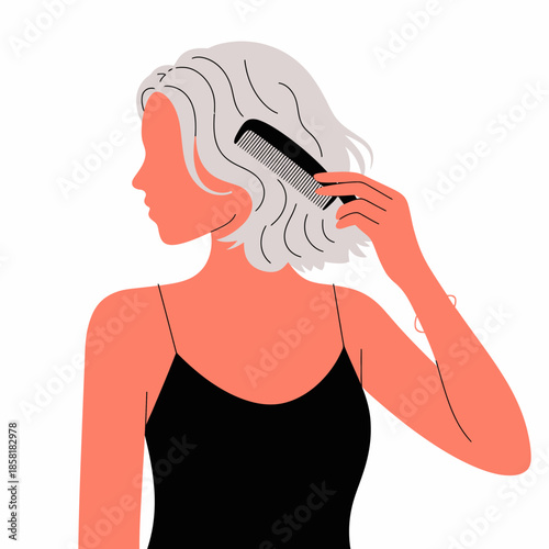 A woman elegantly combs her hair in a side profile, portraying themes of beauty, self-care, and confidence in personal grooming and self-expression.