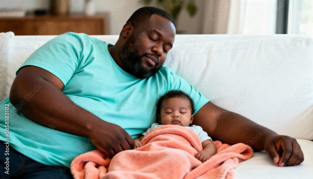 Obraz premium Black father and his newborn baby sleeping together on a couch. Tired dad and infant napping at home. A tender moment of fatherhood and family bonding