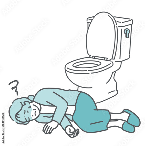 トイレで意識を失い倒れている高齢女性のイラスト（ヒートショック・失神）
