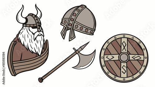 Viking Warrior Portrait with Horned Helmet Axe and Shield for History Gaming Design Projects