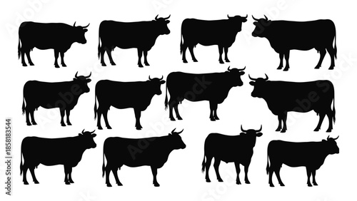 A collection of black silhouette images depicting several cows in a grid pattern