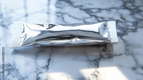 Shiny Silver Package on Marble Surface - Product Presentation.