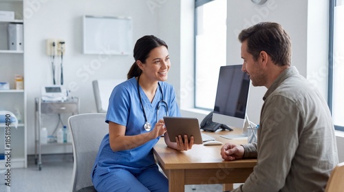 Smiling female nurse in blue scrubs consulting male patient with digital tablet in clinic