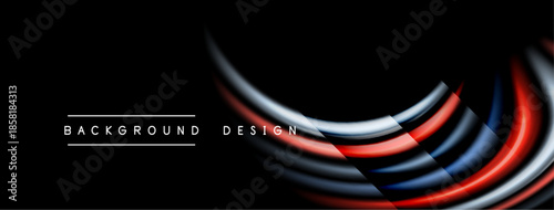 Abstract lines create dynamic visual effect. Red, blue, white layers over black background. Modern design element for projects.