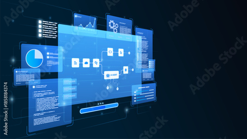 AI workflow automation artificial intelligence. ai agent network diagram dashboard system processing flow with automation pipelines, analytics dashboards, code modules and automation system.
