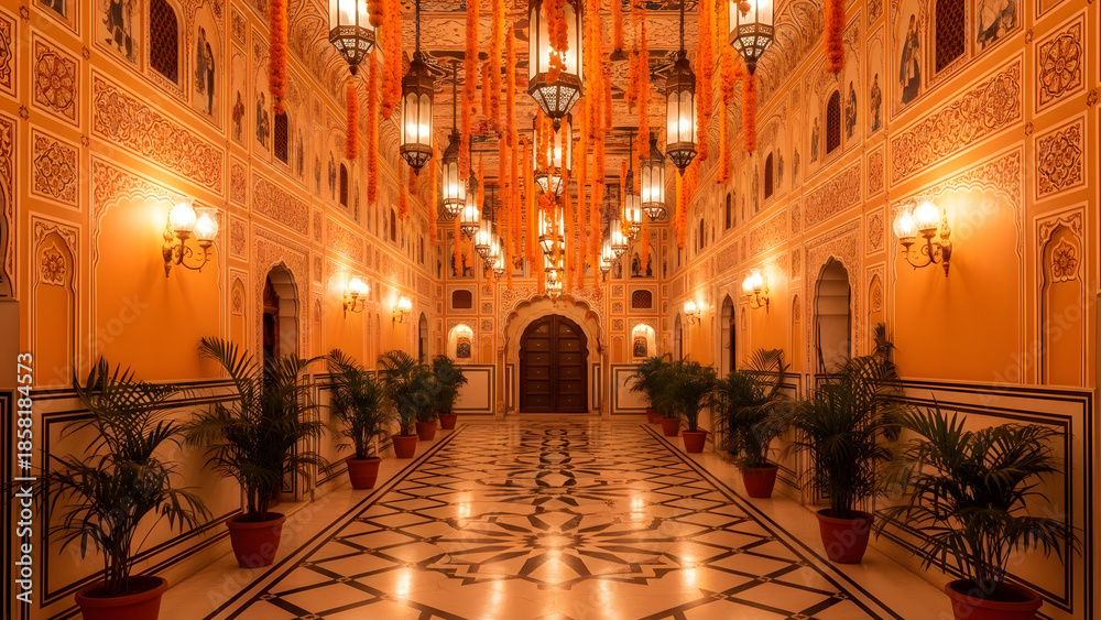 Obraz premium A luxurious and ornate hallway with intricate designs and potted plants