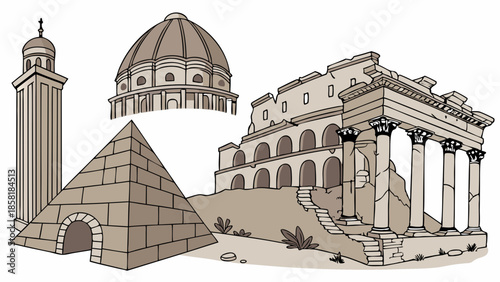 Ancient World Wonders Collage for Travel Brochures History Education Website Design Global Landmark Illustration