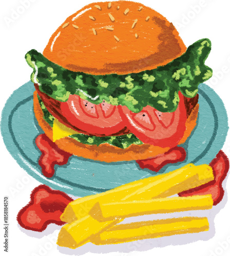 Burger with French Fries on Plate