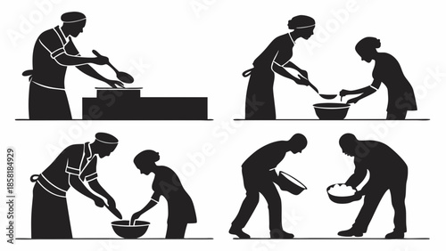 Cooking Teamwork Silhouette Illustration Food Preparation Steps Chefs Mixing Ingredients for Recipe Design