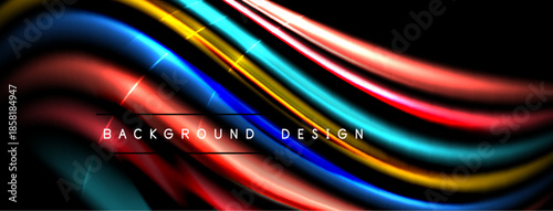 Abstract flowing lines create vibrant, dynamic background. Colors blend, forming smooth waves against dark space. Modern design element.