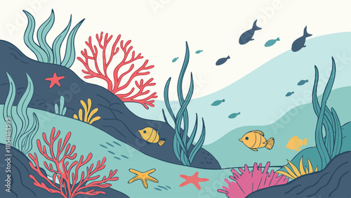 Peaceful Underwater Coral Reef Landscape Flat Design Illustration Marine Life Background for Ecology Education and Web Interface Design Projects