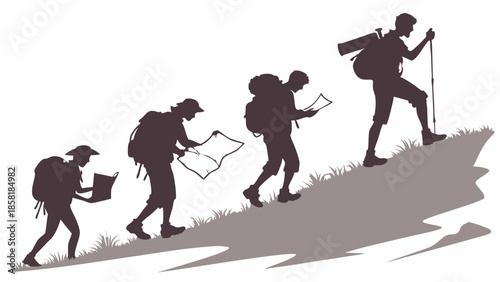 Business Progress and Growth Strategy Silhouette Four Hikers Climbing Steep Slope Goal Achievement Journey