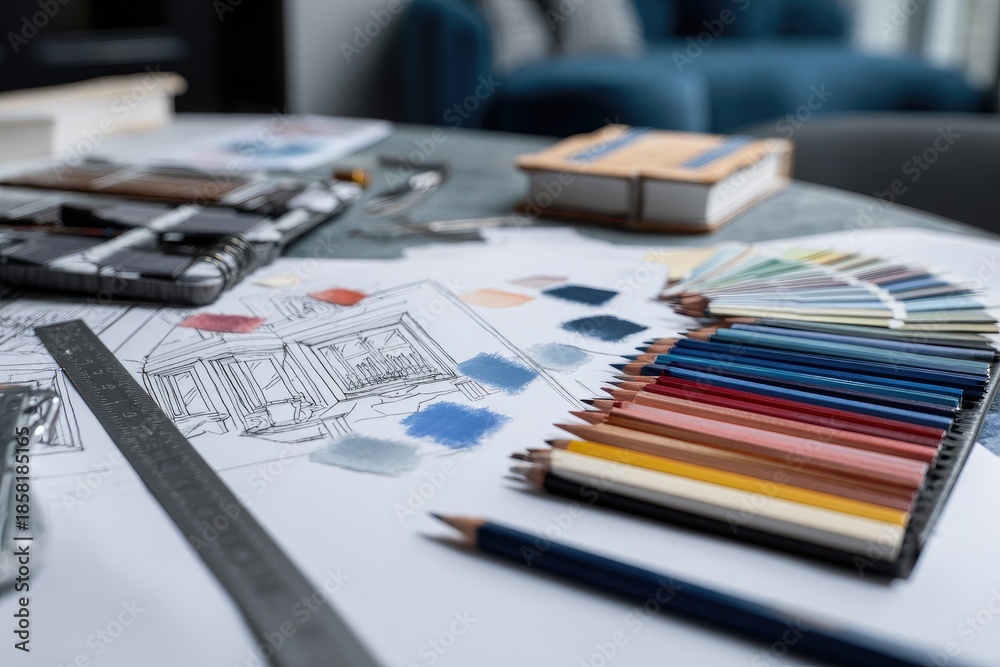 Fototapeta premium Interior design planning scene, sketches, colors, tools, & a blurred blue sofa in the background