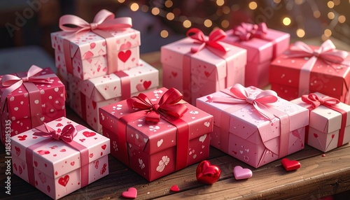 “Fifteen gift boxes in three rows wrapped in red, pink, and purple paper with bows, featuring polka dots, stripes, and solid colors”