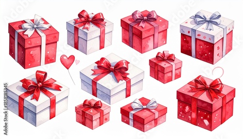 “Fifteen gift boxes in three rows wrapped in red, pink, and purple paper with bows, featuring polka dots, stripes, and solid colors”
