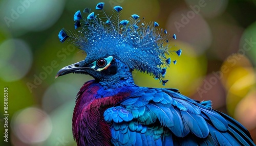 “Victoria crowned pigeon with vivid blue crest and maroon body, red eyes, standing against blurred green foliage”