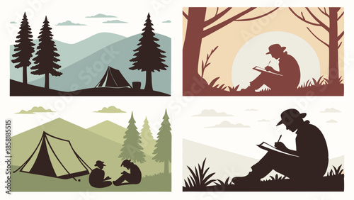 Outdoor Camping Adventure Sketching Journaling Scenes Silhouette Set for Travel Blog Web Design Vacation Promotion