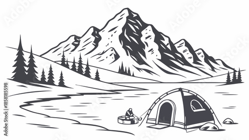 Mountain Camping Adventure Wilderness Scene for Travel Brochures Outdoor Recreation Web Banners Summer Vacation Design