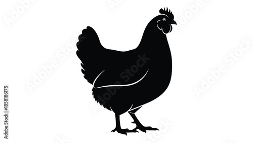 A striking silhouette of a black rooster standing in profile view