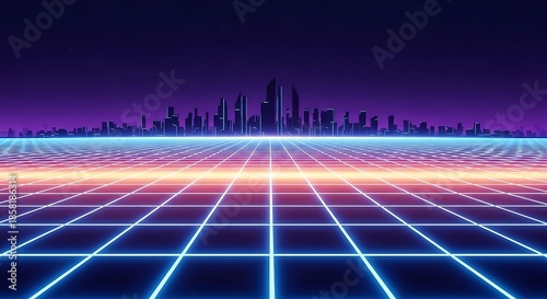 Retro Sci-Fi City Skyline with Neon Grid Landscape