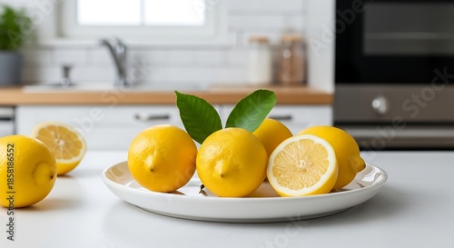 Fresh Lemons with Leaves on a Plate in a Modern Kitchen