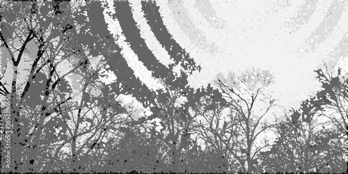 A grayscale view of trees with distinct vertical lines in the background