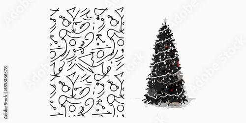 Abstract scribbles and a decorated christmas tree on a white background