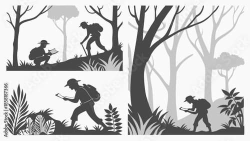 Hikers Navigating Forest Terrain Using GPS Device for Outdoor Adventure Travel and Exploration Activity