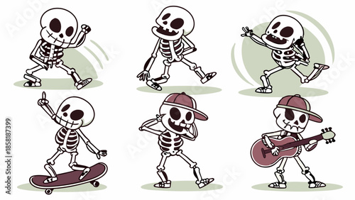 Cute Cartoon Skeleton Set Dancing Skateboarding and Playing Guitar Dynamic Halloween Characters for Youth Marketing and Party Design