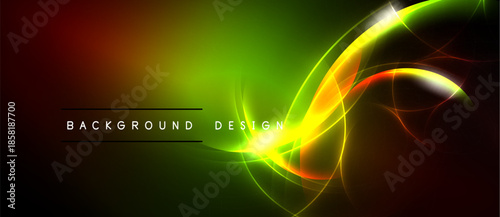 Bright abstract lines form dynamic wave pattern. Vivid colors blend, creating energetic visual effect. Dark background emphasizes luminosity.