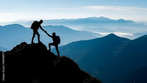 Silhouette of two hikers helping each other on a mountain peak. Leadership and teamwork. One man reaching down to pull another person up a rocky cliff against blue mountains
