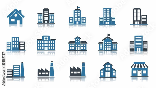 Collection of building icons representing different types of structures.