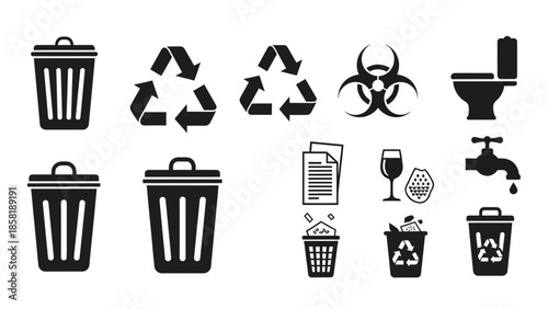 Black icons of trash cans and symbols.
