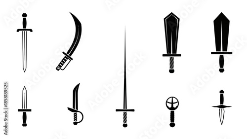 Collection of medieval swords and daggers.