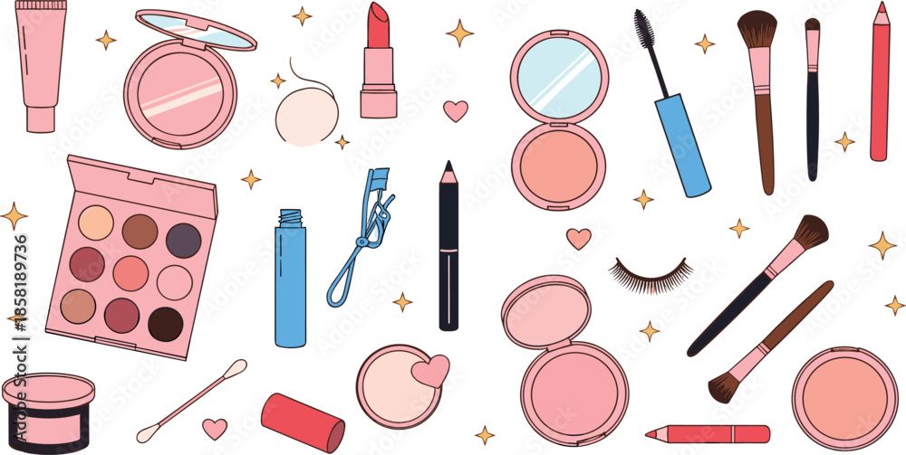 Φωτογραφία Makeup and beauty cosmetics illustration set with lipstick, brushes, mascara, ey
