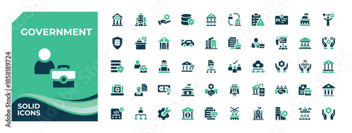 Government colorful vector solid icon set. Contain filled symbols diplomat, foreign policy and more. Icons for application. Politics modern icon set. Editable stroke vector art.