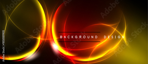 Abstract neon lines create dynamic circular shapes. Warm colors dominate dark background. Modern design element for digital projects.