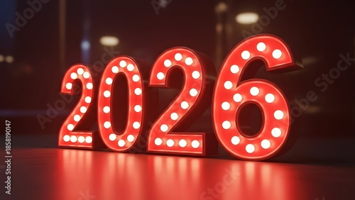 A brightly lit 2026 sign with red and white lights on a dark background