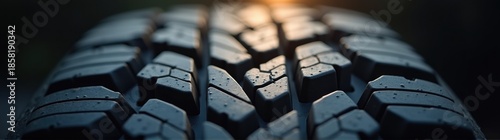 Obraz  z motywem Tire tread with water drops on it in the dark