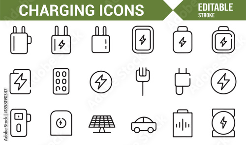 Battery level and charging symbols line icon set