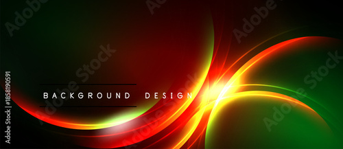Abstract vibrant lines create dynamic energy. Red, green, yellow hues blend into dark background. Modern design element.