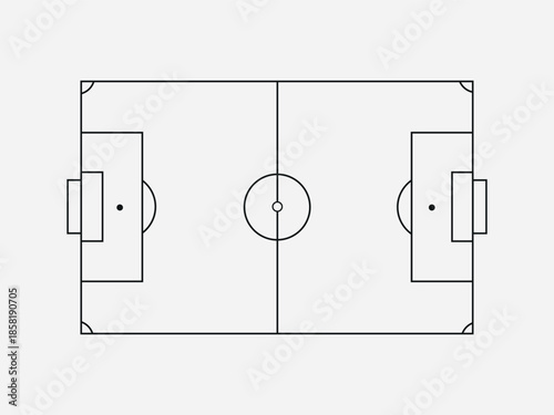 An overhead view of a simple soccer field diagram with goalposts and center circle markings.