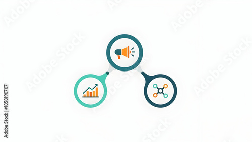 Three Circular Icons with Graphs and Charts.