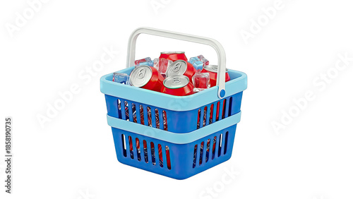 Blue Shopping Basket Filled with Red Soda Cans and Ice Cubes