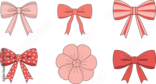 Decorative ribbon bow and flower illustration set with red and pink elements in cute flat hand drawn style for gift wrapping, weddings, cards, and festive designs