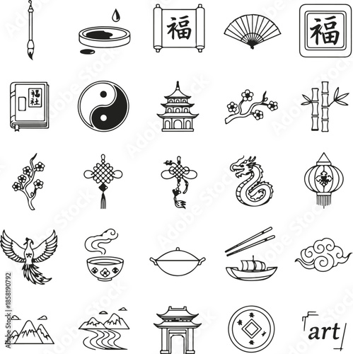 Chinese Calligraphy Culture Line Icons Black White Vector Set