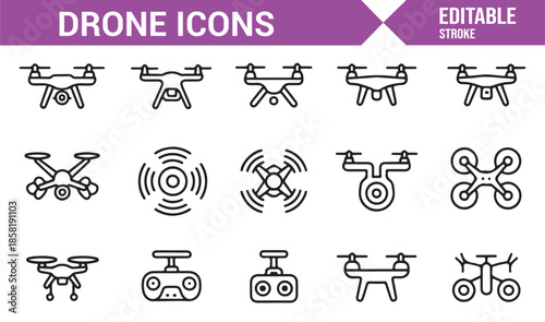 Quadcopter and aerial drone line icons