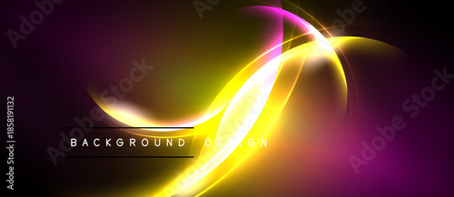 Vibrant neon curves blend, creating dynamic background. Yellow, purple hues dominate dark space. Text reads background design.