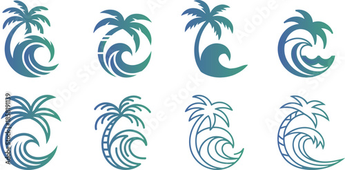 Collection of Surfing paradise summer beach logo style, surfing palm tree minimalist vector, simple linear style, logo concept,