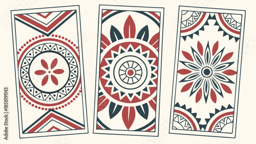 Mystical Tarot Cards Deck Illustration with Bohemian Folk Art Patterns for Spiritual Guidance and Decorative Web Design
